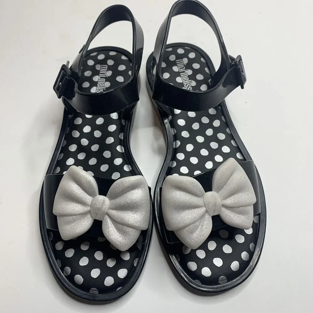 MINI MELISSA Mar Princess Black Silver Bow Jelly Sandals Big Girls Size 3